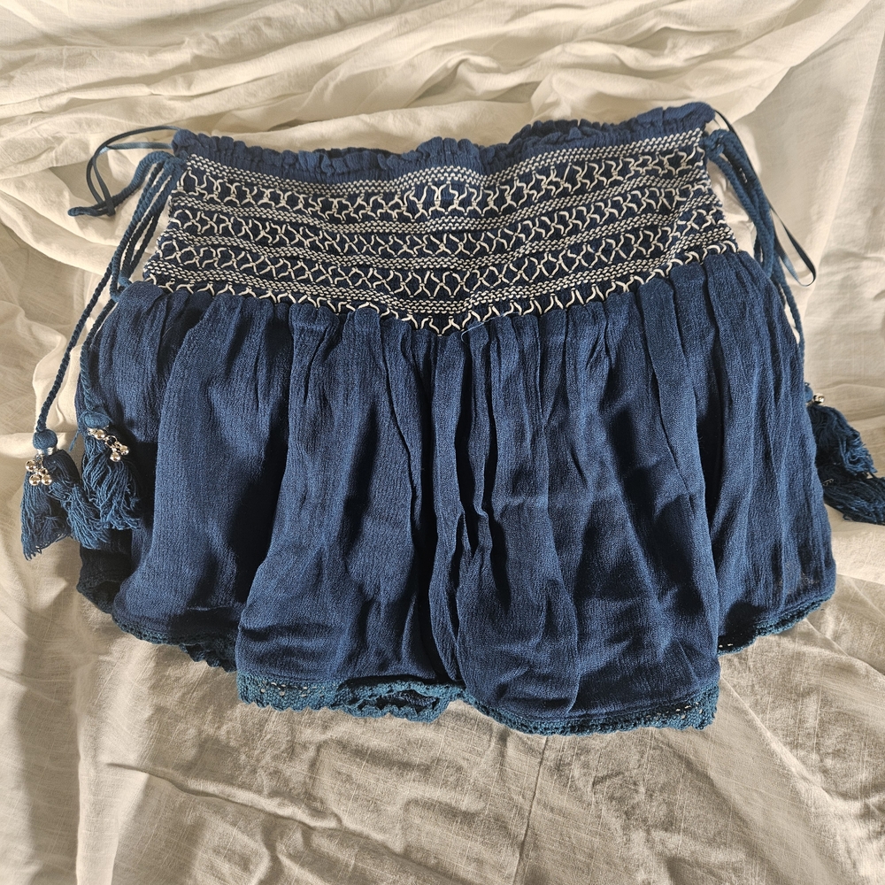 Lost + Wander Blue Tube Top With White Stitched Smocking